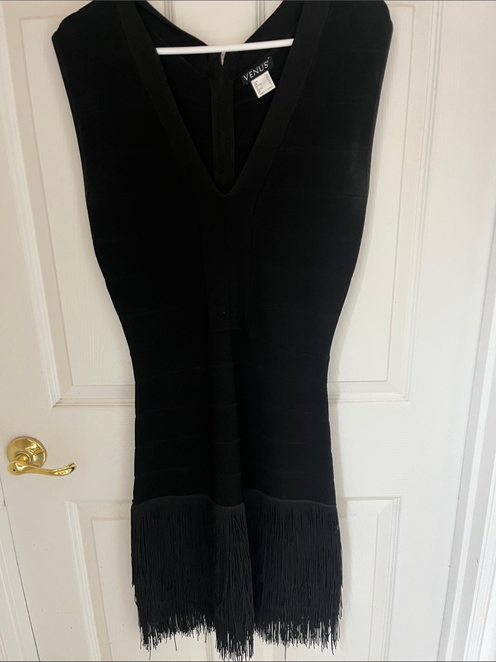 VENUS Black V-Neck Fringe Hem Mini Dress
